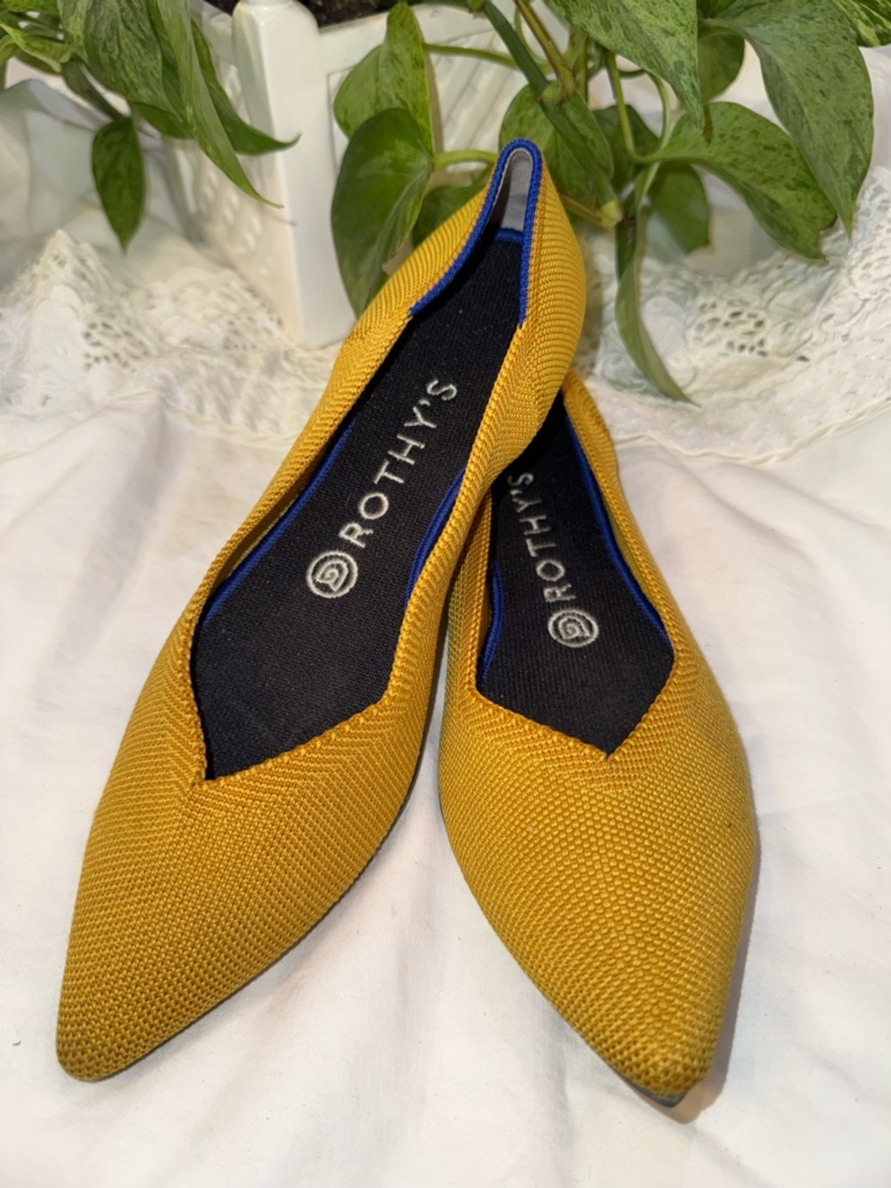Rothy's Mustard Yellow Pointed Knit Flats with Blue Trim